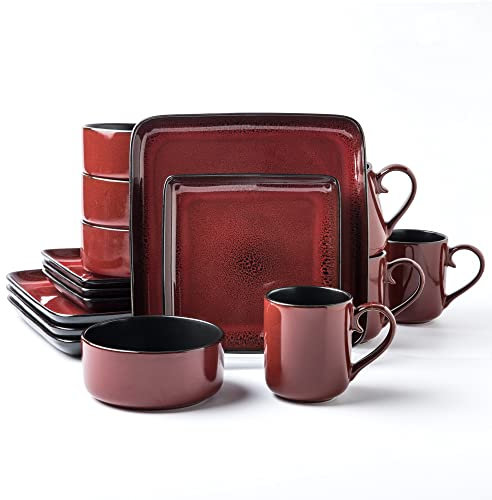 Arora FLACKAR Square Stoneware 16pc Dinnerware Set for 4, Dinner Plates, Side Plates, Cereal Bowls, Mugs - Reactive Glaze Red (485450)