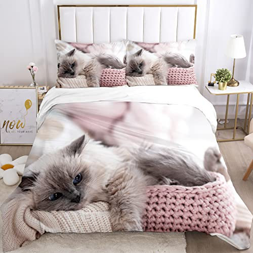 JEFFEL Katze Bettwäsche Set 135 x 200 cm, Tiermotiv, Kinderbettwäsche, Cat Muster Bettbezug 3D Haustier Katze Bettbezug Set, mit Bettbezug und Kissenbezug (200 x 200 cm, Katze-5)