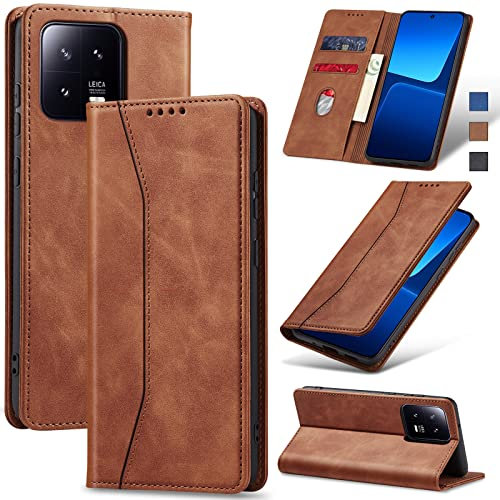 Jasonyu Handyhülle für Xiaomi 13 Hülle Leder Flip Klappbare Stoßfeste Magnetische [Premium PU Leder] [Standfunktion] [Kartenfächern] Schutzhülle Klapphülle für Xiaomi 13 5G(Braun)