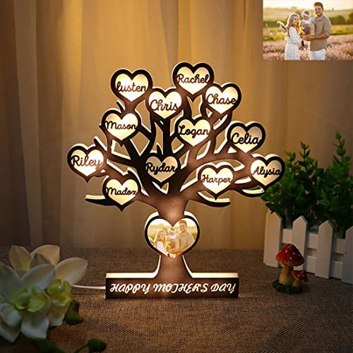 Arbre généalogique personnalisé en acrylique avec photo personnalisée de 1 à 12 noms d'enfants Arbre de vie Veilleuse LED Lampe de fête des mères Décoration de chambre Cadeau pour maman, grand-mère