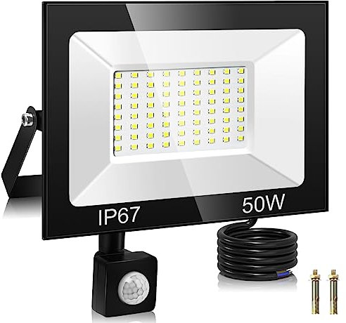 50W Faretto LED da Esterno con Sensore di Movimento, 72 Leds 5000LM 7000K Bianco Freddo Faretto Led Esterno IP67 Impermeabile Faro LED con Sensore di Movimento per Garage Cortile