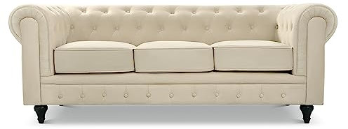 Bravich Velvet Chesterfield Sofa- Cream. 3 Seater Settee, Soft Plush Fabric Couch. Living Room Furniture, Easy Clean. 3 Seater- 209cm x 90cm x 78cm