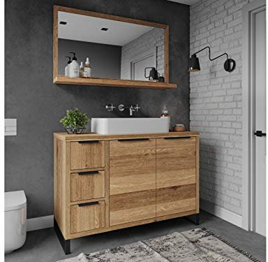 Woodkings Badset Sydney I 2teilig, Waschtisch mit Spiegel 105x45 I Wildeiche hell - Echtholz I Waschtischunterschrank Badmöbel für Badezimmer I Holz Unterschrank Badschrank mit Stauraum