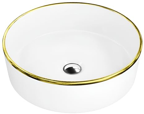 lavita Merida Gold Line Lavabo rond à poser, sans trop-plein ni trou de robinet, en porcelaine de qualité supérieure, moderne, pour salle de bain, 37 x 37 x 12 cm, blanc/doré