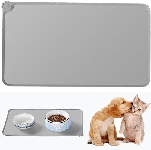 Non Slip Cat Food Mat, Silicone Pet Feeding Mat Waterproof Dog Bowl Mat, Raised Edge to Avoid Water Or Food Spilling Out, Dishwasher Safe,Easy to Clean,Dry Up Quickly, for Dogs and Cats, Gray