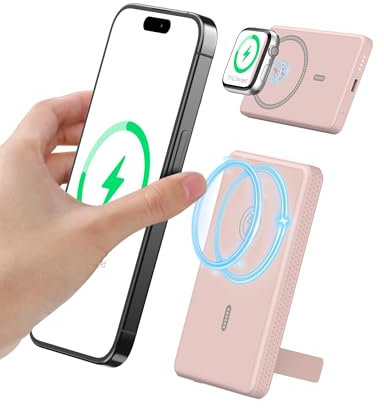 Auskang Magnetic Power Bank 5000mAh, Wireless Fast Charging Portable Charger, Foldable Stand Power bank, Mini Battery Pack Compatible For iPhone 12/13/14 Plus/Mini Series (Pink)