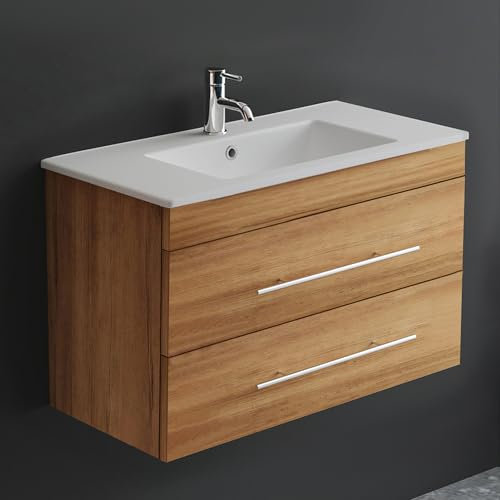 Alpenberger Badmöbel Set mit Waschbecken | Badschrank mit 2 Schubladen | Hängeschrank Bad | Waschtisch mit Unterschrank | Badezimmer Möbel | Waschbeckenunterschrank 80 cm - Bamboo
