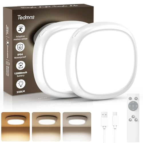 Akku Deckenlampe mit Bewegungsmelder Ohne Stromanschluss, IP54 Wasserdicht 550LM 12000mAh Batterie LED Deckenleuchte mit Fernbedienung, USB Aufladbar Garage Lampe Kellerlampe für Innen Bad Keller