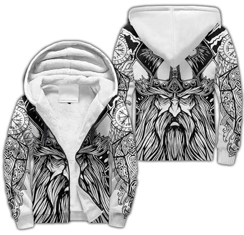Winterparka „Viking Warrior“ für Herren, 3D-Druck, Durchgehender Reißverschluss, warme Kapuzenjacke, Kunstkaschmir, Cape-Robe, Eckknopfmantel(Viking Hoodie,3XL)