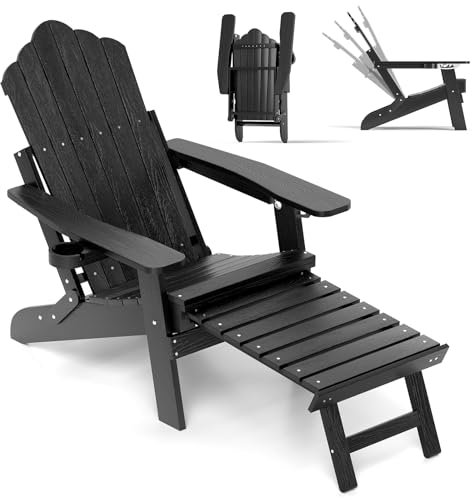 COSTWAY Fauteuil Jardin Exterieur, Chaise Adirondack Pliable, Repose-Pieds Rétractable, Dossier Réglable, Porte-gobelet, Chaise Longue HIPS pour Jardin Terrasse, 119 × 78 × 81 cm, Charge 180 kg, Noir