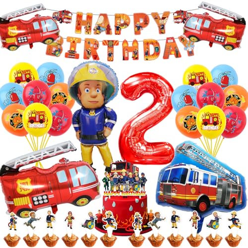 Funnity Feuerwehrmann Sam Geburtstagsdeko 2 Jahre, Feuerwehr Geburtstag Deko, Feuerwehr Tortendeko, Feuerwehr Kindergeburtstag 2 Jahre, Feuerwehrauto Geburtstag Luftballons