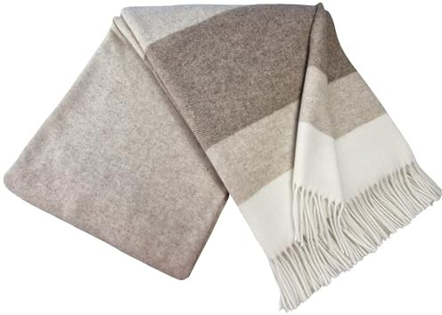 STTS International Kaschmir Decke Wolldecke Wohndecke 100% Merinowolle - Kaschmir - Mix 140 x 200 cm sehr weiches Plaid Kuscheldecke Faro (Braun-Beige (Streifen))