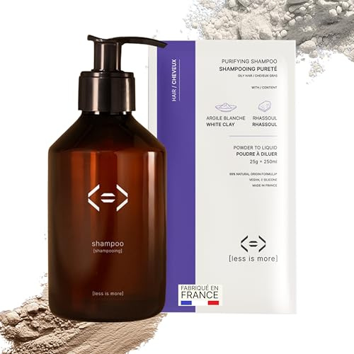Less is More Natürliches Pulvershampoo zum Anmischen, Purifying mit Rhassoul & weisser Tonerde für fettiges Haar – Starter-Set mit Flasche + 1 plastikfreier Öko-Nachfüllpackung, 250 ml