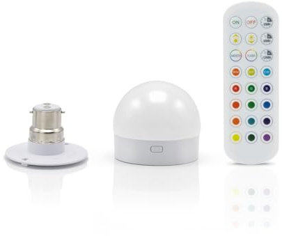 Auraglow Rechargeable Wireless LED Light Bulb with Remote – Battery-Powered, Dimmable, Colour-Changing, Wall & Ceiling Mounted or E27/B22/E14 Adaptor (1, B22 Light Source with Remote)