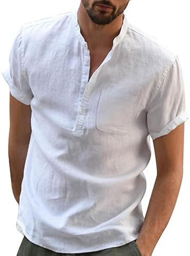 JESDM Leinen Hemd Herren Kurzarm Sommer Shirt Männer Henley mit Brusttasche Universal Fit M-3XL