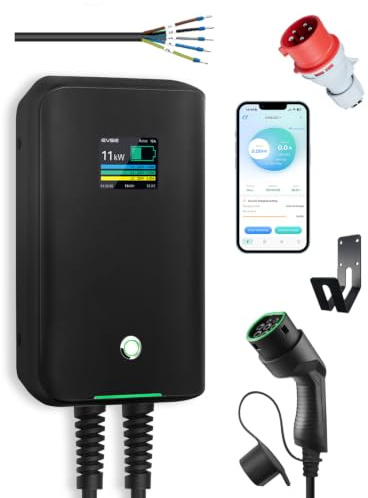 Wallbox 11 kW 3-phasig mit App, Typ 2 Ladekabel, Festverdrahtung, 7,5m | Typ 2, 6-16A, 400V, Festanschluss oder CEE-Stecker inklusive, RCD Typ A 30 mA + DC 6 mA, IP65, TÜV/CE-zertifiziert.