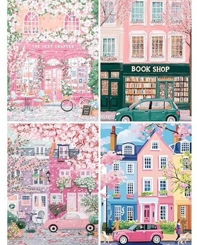 NAIMOER 4 Pack Pinkene Kirschblüten Diamond Painting, 5D Diamant Painting Bilder, Haus Auto Diamant Painting Set für Erwachsene und Anfänger, DIY Mosaik Bastelset für Haus Wanddeko, 30x40cm