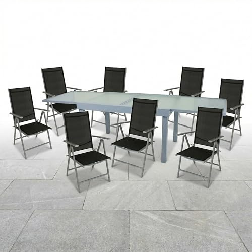 Schauer LOLA Gartenmöbel Set 9-TLG. XXL – Balkonmöbel Esstisch mit 8 Stühlen Set | XXL-Ausziehtisch 135-270cm Wellenglas & 8 Hochlehner Gartenstühle verstellbar | Aluminium Stahl | Gartentisch