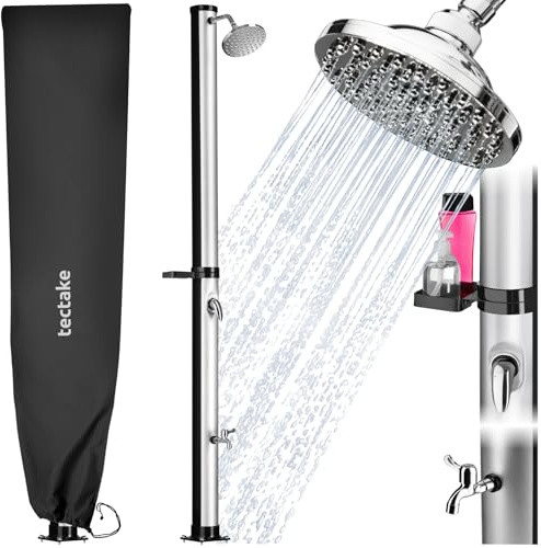 TecTake® Solardusche 20 l, bis 60° C warmes Wasser, drehbarer Regenduschkopf, Einhebelmischbatterie, Gartenschlauchanschluss, Schutzhülle, Warmwasser, Außendusche, Campingdusche - schwarz/Silber
