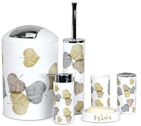 6tlg Badset Badezimmer Zubehör Set Organizer: Seifenspender, Zahnputzbecher, Kosmetikeimer, WC Bürste und Halter, Seifenschale, Mülleimer, Zahnbürstenhalter, Badgarnitur (Blätter)
