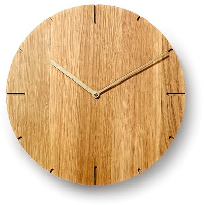 Natuhr Wanduhr Eiche geölt Holzuhr Solide Massivholz, geräuscharmes Uhrwerk, puristisch, modern, skandinavisches Design (Goldene Zeiger)