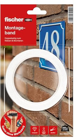 fischer Montageband, doppelseitiges & starkes Klebeband in Transparent, einfach anwendbar dank Spezialliner, Aufhängung ohne Bohren, für Spiegel, Bilder, Deko, Haken, uvm., 3 Meter