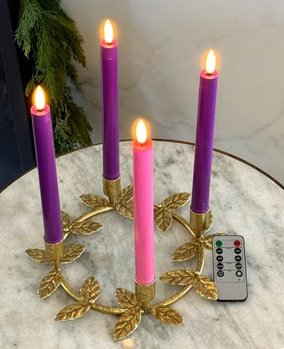 Flameless Advent Candle Set 4-Piece LED Advent Taper Candles Purple and Pink - Soft White Flickering Flame