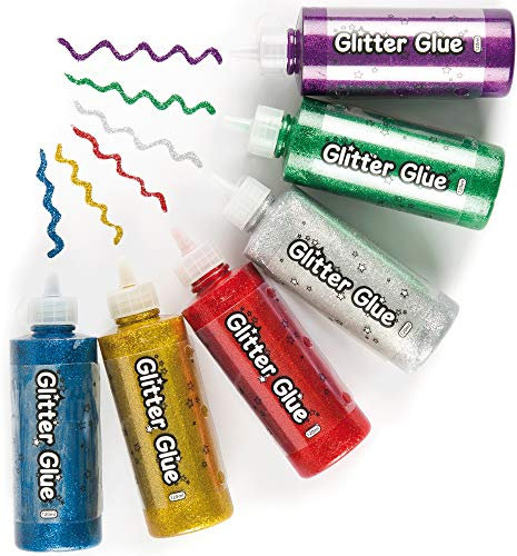 Baker Ross EV900 Jumbo Glitter Glue Pens, for for Kids Arts and Crafts (Pack of 6), Assorted, 120G