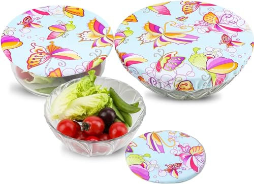 PHOGARY Couvercles réutilisables écologiques pour récipients alimentaires - 3 couvercles en tissu réglables imperméables pour saladier en verre, bocal, melons, bord élastique, papillon