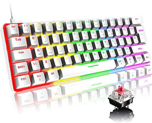 Mini 60% Gaming-Tastatur Kabelgebundene mechanische Keyboard, Kompakte Tragbare 62 Tasten, UK-Layout, 19 RGB-Chroma-Backlit, Abnehmbarer USB-Typ C, für PC, Laptop, Mac, PS4,Xbox (Weißer/Rotschalter)