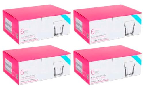 Tradineur - Pack de 4 Caja de 6 Vasos Modelo Aras - Capacidad: 200 ml - Fabricado en Vidrio Resistente - Apto para lavavajillas - Tamaño Aprox: Ø 8 x 8 cm - 24 Uds Totales