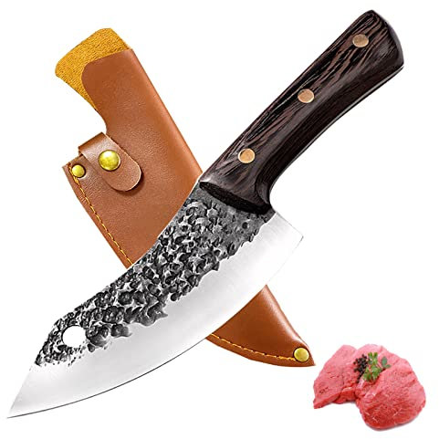 Fubinaty Metzger Ausbeinmesser Handgefertigtes Geschmiedetes Fleischerbeil Kochmesser aus Kohlenstoffstahl Küche Kochmesser mit Lederscheide und Wengeholzgriff für Zuhause, Camping, Grill