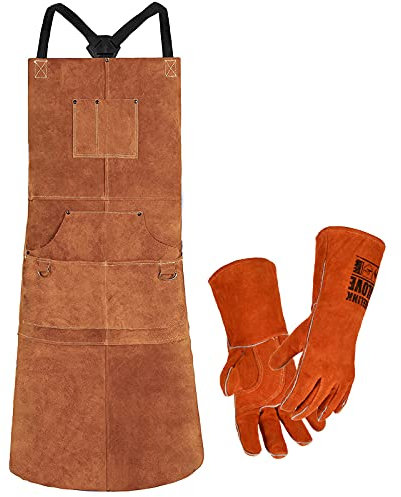 QeeLink delantal de soldador de cuero y guantes de soldadura, delantal de cuero con 6 bolsillos para herramientas, mandil de carpintero resistente para hombres y mujeres, resistente al calor, 61×107cm
