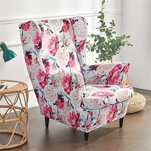 Highdi 2-Teilig Sesselbezug Ohrensessel Bezug mit Klassisch Blumen Muster Sesselüberwürfe, Elastisch Antirutsch Sesselhusse Husse für Ohrensessel, Fernsehsessel, Relaxsessel (Rote Pfingstrose)