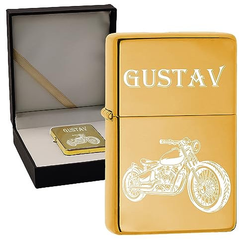 KDO MAGIC - Feuerzeug personalisiert - Eingravierter Vorname - Farbe Gelb - Geschenkidee für Herren, Geburtstag, Vatertag (Motiv: Motorrad)