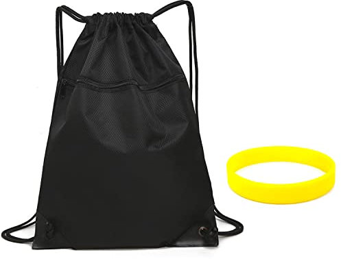 ZWZNBL 1 schwarze Kordelzug-Rucksacktasche, Sportreise-Kordelzug-Rucksacktasche, Sporttasche für Männer und Frauen, wasserdichter Unisex-Rucksack und 1 gelbes leuchtendes Sportarmband