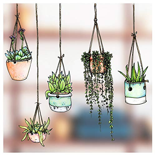 5 Extra Large Illustrated Hanging Plant Window Stickers - Hanging Flower Pot Window Clings Stickers - Double Sided Greenhouse Decals - No Adhesive - Pack 1 Large
