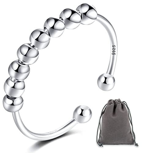 S925 Sterling Silber Anxiety Ring Angst Spinning Fidget Ringe für Damen Perlen Band Ring Verstellbare Anti Stress Ringe Offener Zappel Spinner Ringe für Damen Herren Verlobungsringe mit Geschenkbox