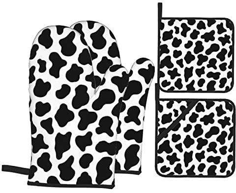Ofenhandschuhe und Topflappen mit Kuh-Druck, 4 Stück, hohe hitzebeständige Ofenhandschuhe mit Ofenhandschuhen und heißen Pads, Topflappen für Küche, Kochen, Backen, Grillen, rutschfeste Kochhandschuhe