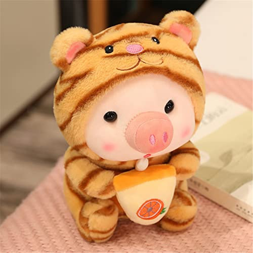 GLITZFAS Schwein Plüschtier Kuscheltier, Boba Stofftier Schwein mit Bubble Tea Cup Plüsch Spielzeug Plüschpuppen Weich Kissen Geschenk Kinderspielzeug (Tiger,25 cm)