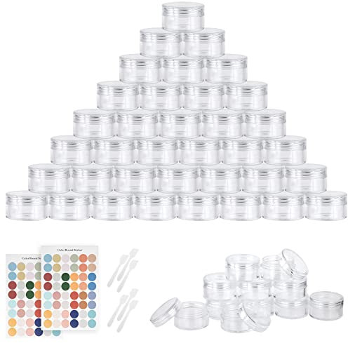 Flintronic 64 Stück Döschen, 5ml Plastik Döschen, Leerdose klarer Tiegel, Cremedose Leer Transparent Tiegel mit Spatel und Etikett,Reise Töpfchen Döschen Set für Mini-Kerzen Kosmetik, Transparent