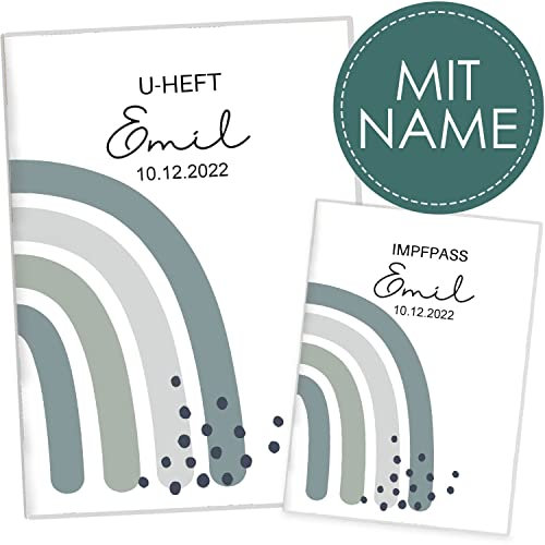 Cozy Racoon U-Heft- und Impfpasshülle mit Personalisierung | 3- teiliges Set | Hochwertige Hülle für Untersuchungsheft und Impfpass Deines Kindes | Regenbogen Jadegrün (mit Personalisierung)