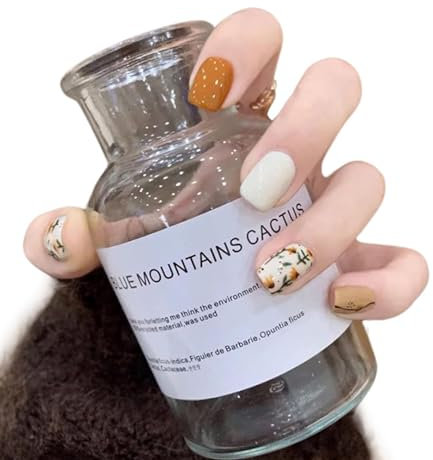 Press On Nails Long Coffin Bellarine Tapered full coverage glossy false Nails, Fake Arcylic press on nails hand manicure for women (short-Orange Flower)