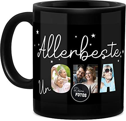 Tassendruck Schwarze Tasse mit Spruch - Allerbeste Uroma - zum selbst gestalten mit Foto-Collage für 4 Fotos, Geschenke für Uroma, Geburtstagsgeschenk, Muttertag | 300 ml, personalisiertes Geschenk