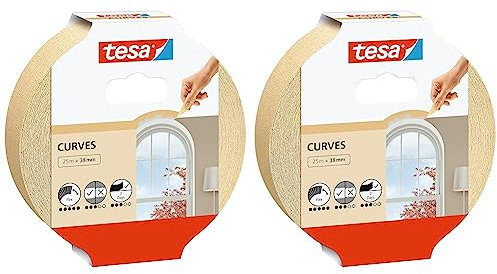 Tesa Ruban de Masquage Spécial COURBES - Ruban Adhésif avec Crêpage Extra Fort pour Masquer les Courbes et les Formes Irrégulières - Surfaces Rugueuses et Lisses - 25 m x 38 mm (Lot de 2)