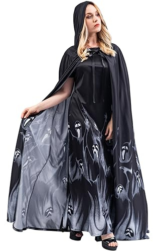 Chitomars Halloween Kostüm Damen, Geister Umhang und Lang Kleid Cosplay Hexen Vampir Kostüm Damen Erwachsene Umhang mit Kapuze Halloween Karneval Mittelalter Kostüm