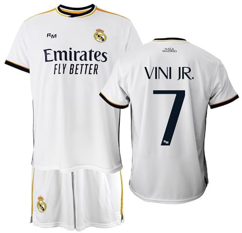 Real Madrid Conjunto Niño Camiseta y Pantalón Primera Equipación de la Temporada 2023-2024 - Vini JR. 7 - Replica Oficial con Licencia Oficial - Niño (4 Años)
