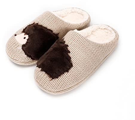 AONETIGER Hausschuhe Damen Winter Warme Flauschige Hausschuhe Plüsch Herren Pantoffeln Bequeme Kunstpelz Gefüttert Rutschfeste Slippers(44/45EU,Dunkelbrauner Igel)