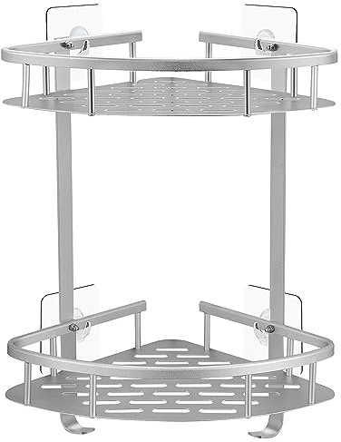 GERUIKE Duschkorb Ohne Bohren Ecke - Badezimmer Regal Silber - Duschregal Ecke Badezimmer Organizer, Duschkörbe Klebepads anstelle Bohren, Aluminium Eckregal Bad 2-Tier Duschablage Ohne Bohren
