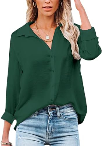 Womens Blouse Casual Long Sleeve Shirt Tops V Neck Button Down Shirts Basic Loose Tunic T Shirts (S, Dark Green)